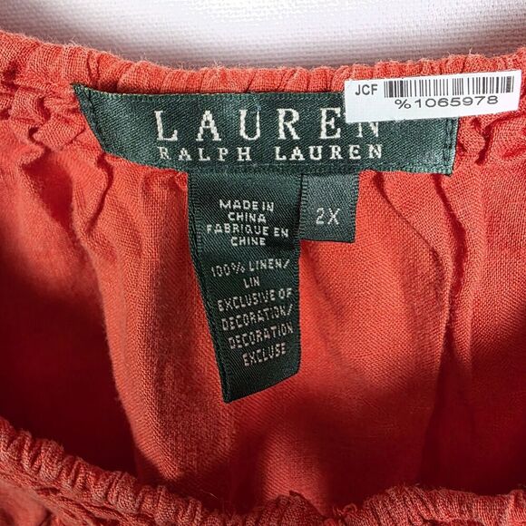 Lauren Ralph Lauren Orange/red Linen Embroidered On/off Shoulder Blouse Size 2X - Picture 3 of 5